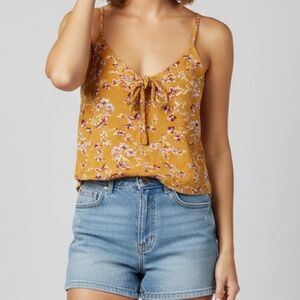 BLUSH BJ Women’s Mustard Yellow Floral Print Tie-Front Crop Cami Tank Top